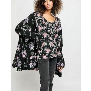 Free People Loretta Dark Combo Printed Tunic Top women oversized blouse Sz S